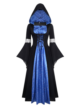 Robe à capuche noire et bleue style sorcière des années 1930