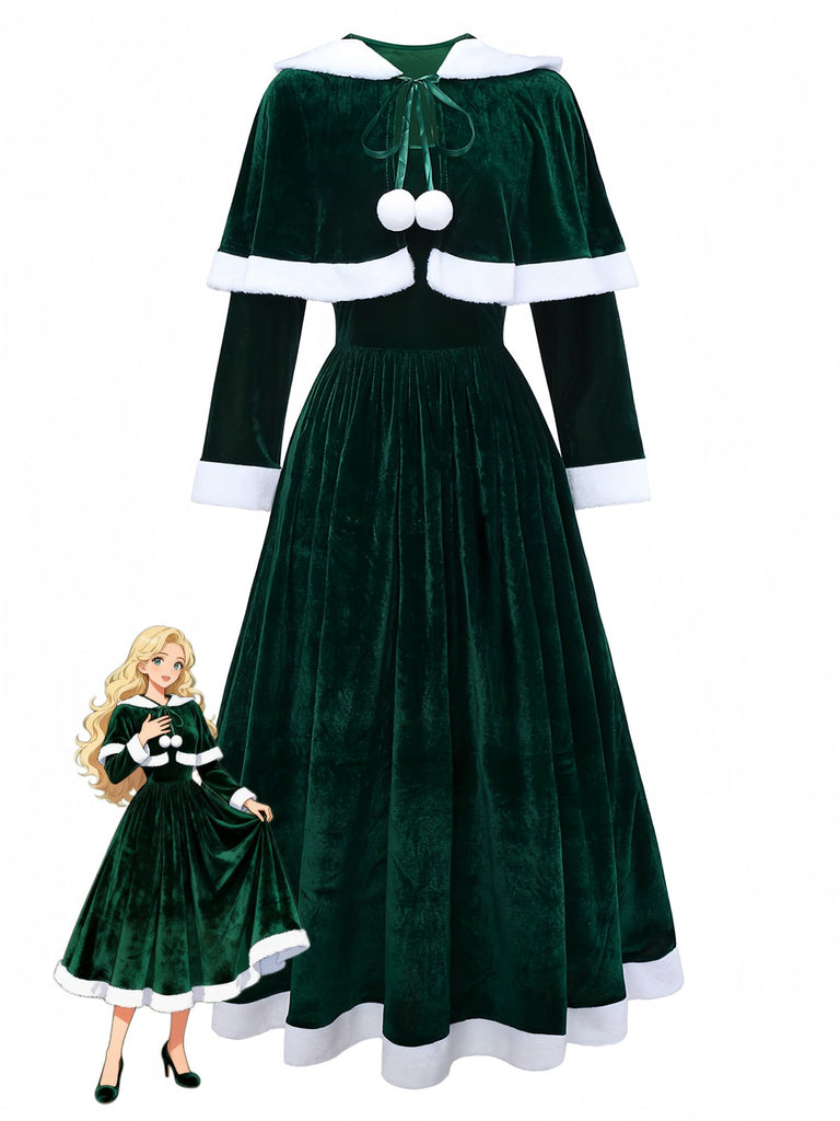 Robe de Noël verte en velours avec cape du Père Noël des années 1930