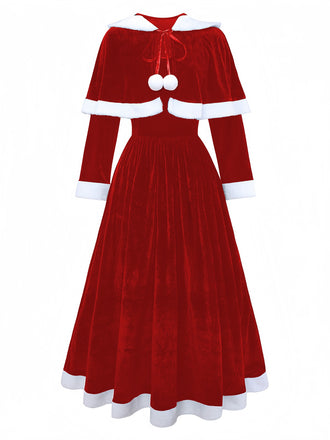 Robe de Noël rouge en velours avec cape du Père Noël des années 1930