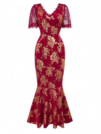 Robe sirène col en V  à fleurs dorées en dentelle patchwork rouge des années 1930