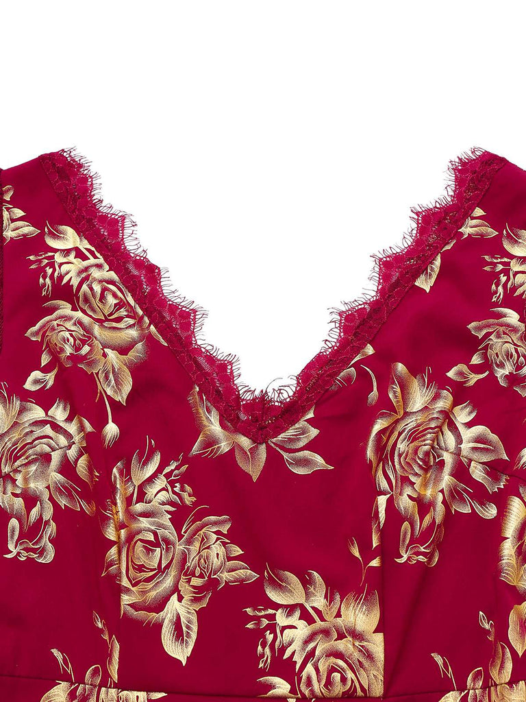 Robe sirène col en V  à fleurs dorées en dentelle patchwork rouge des années 1930