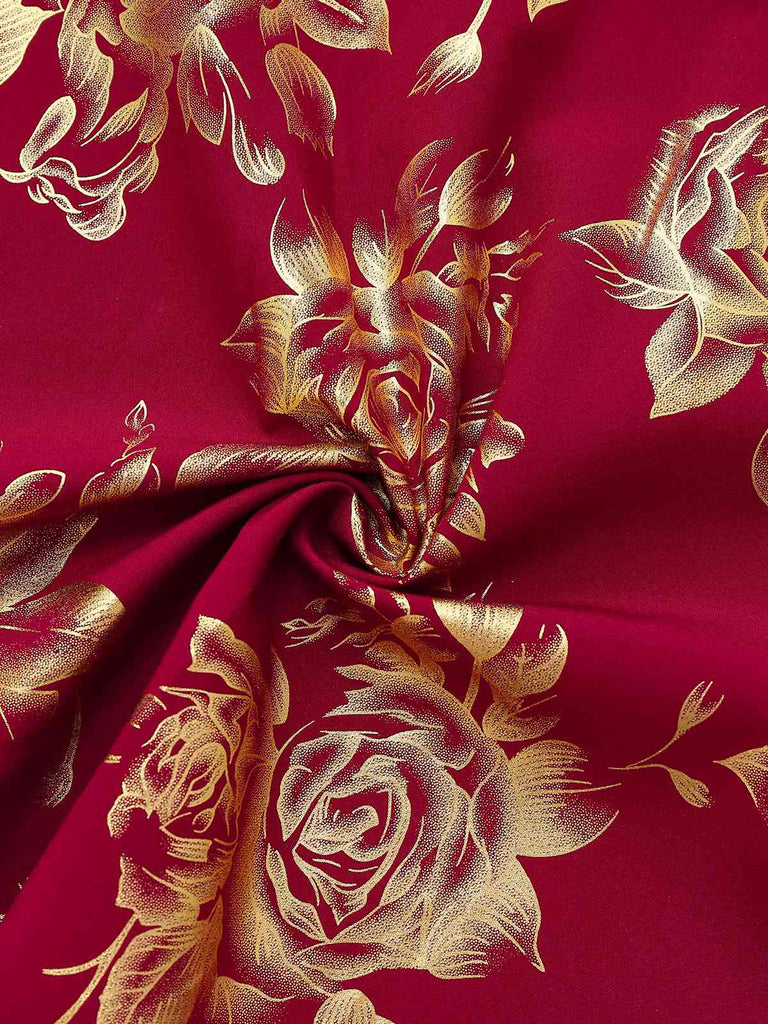 Robe sirène col en V  à fleurs dorées en dentelle patchwork rouge des années 1930