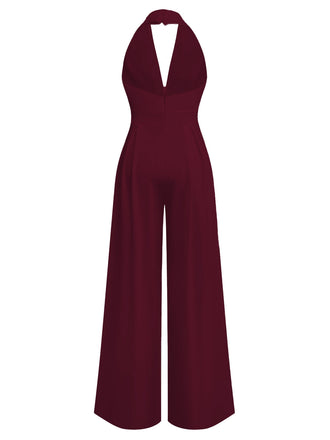 Combinaison pantalon unie col en V profond et jambes ultra-larges années 1970