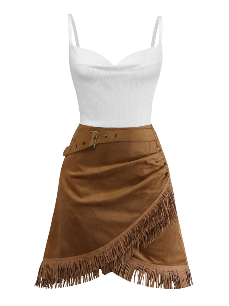 [Pré-vente] Robe kaki à franges col bénitier et ourlet tulipe des années 1970