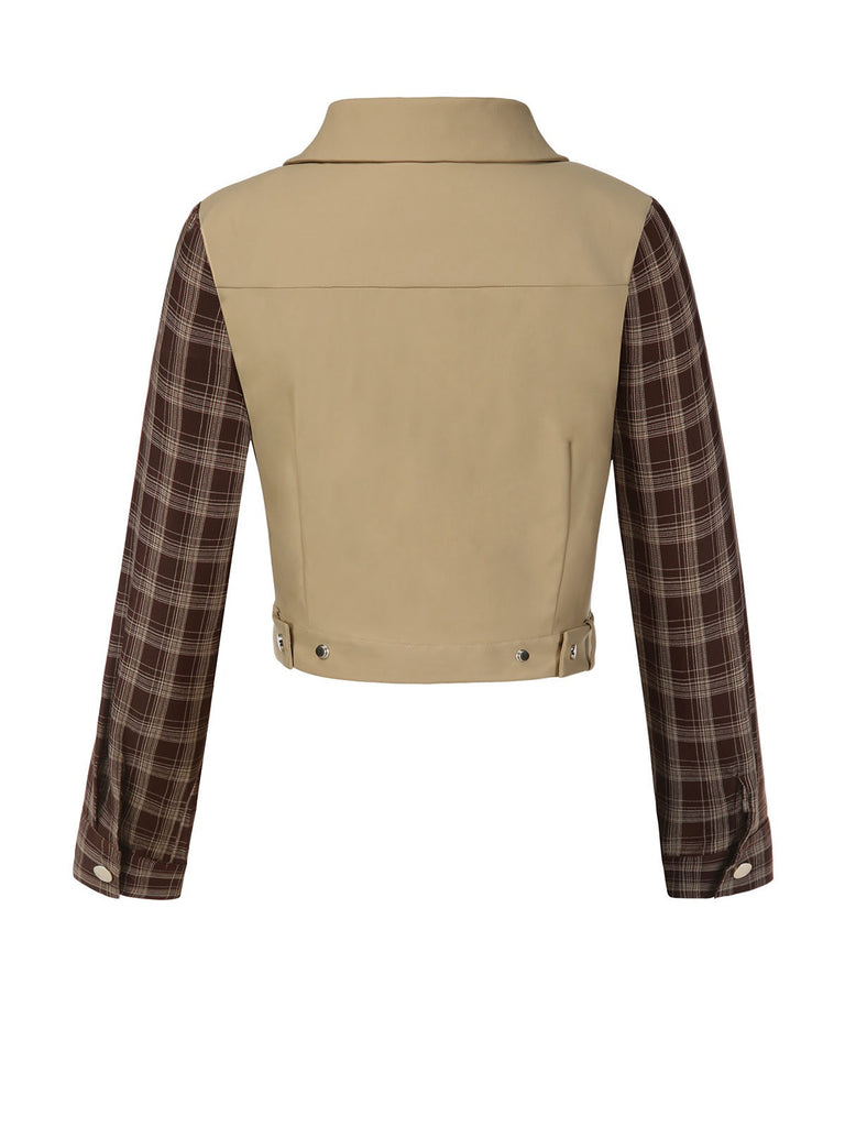 2PCS Veste patchwork à carreaux et jupe plissée kaki et marron années 1960