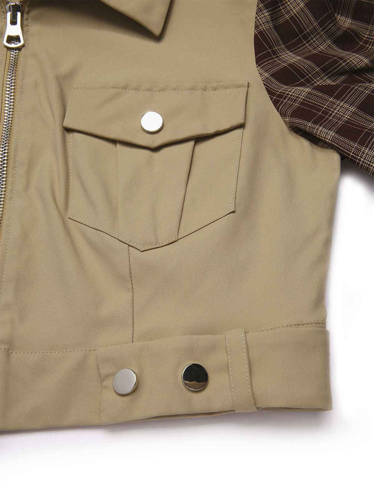 2PCS Veste patchwork à carreaux et jupe plissée kaki et marron années 1960