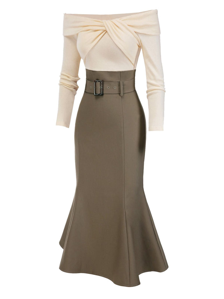 [Pré-vente] Robe sirène torsadée épaules dénudées kaki avec ceinture des années 1930