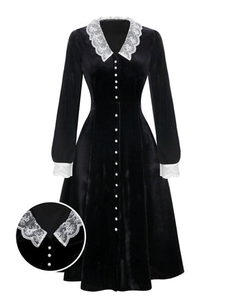 [Pré-vente] Robe en velours noir col en V et revers en dentelle des années 1940