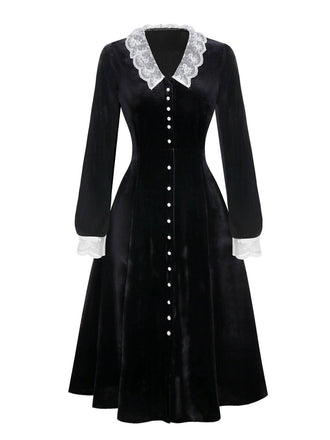 [Pré-vente] Robe en velours noir col en V et revers en dentelle des années 1940
