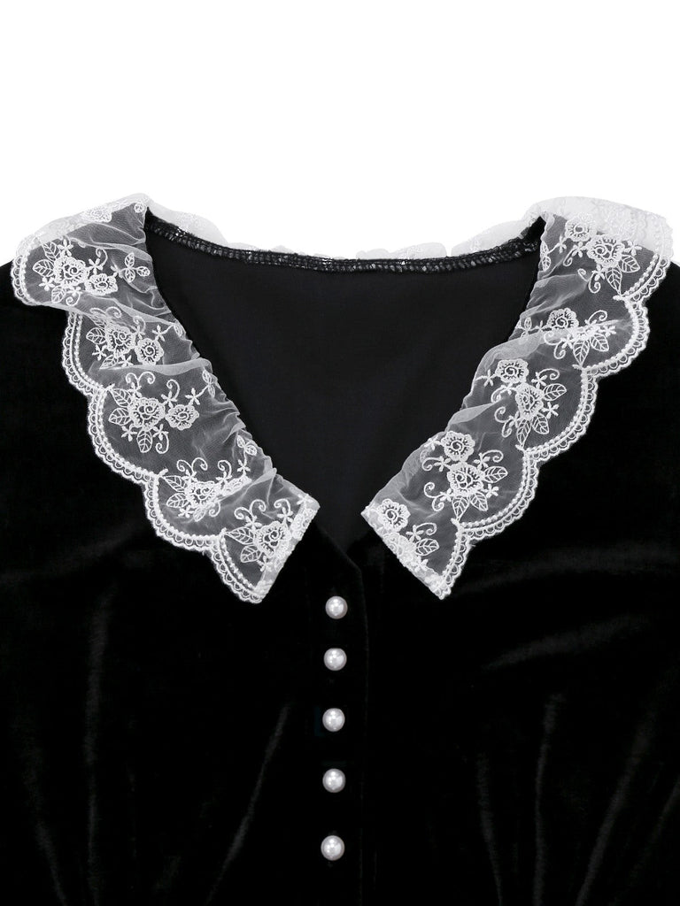 [Pré-vente] Robe en velours noir col en V et revers en dentelle des années 1940