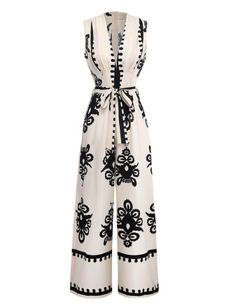 Combinaison beige à col en V profond et imprimé ethnique des années 1970