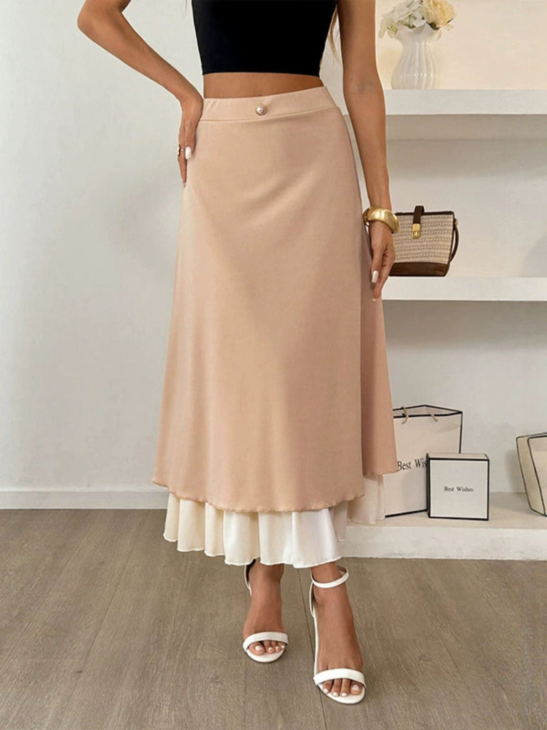 Jupe trapèze double épaisseur kaki à perles des années 1940