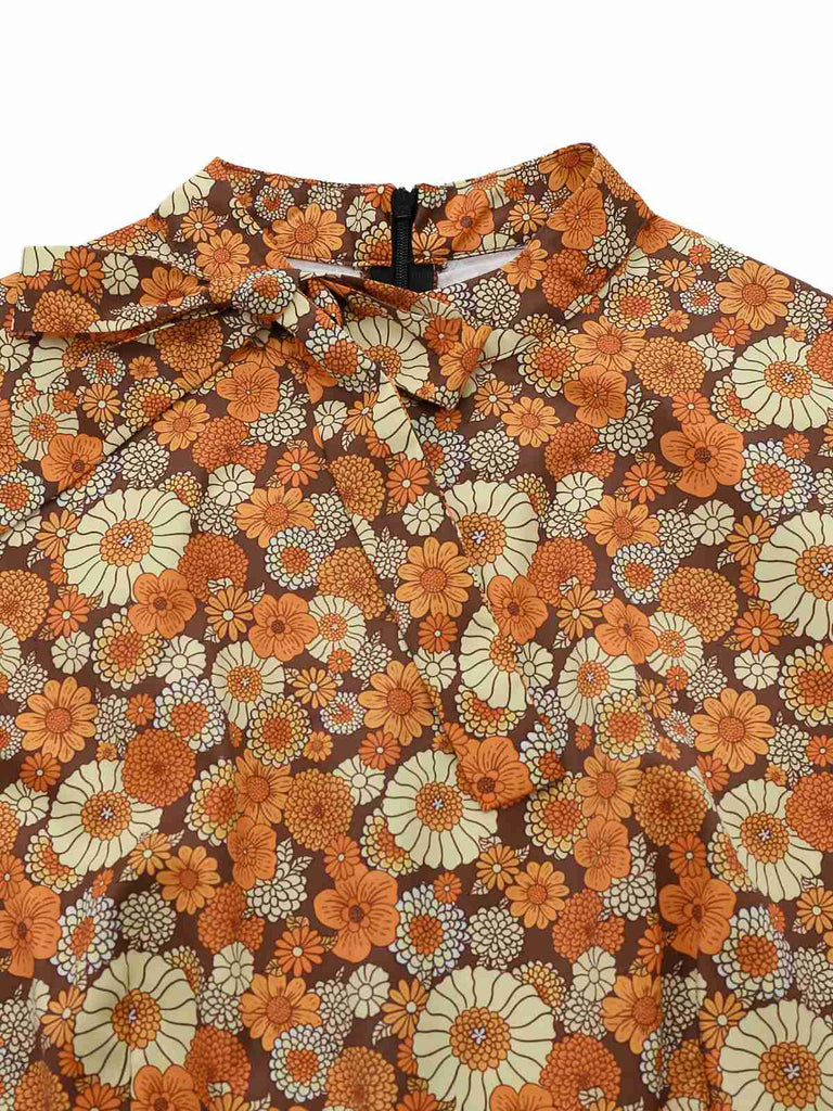 [Pré-vente] Combinaison orange col noué en velours côtelé motif marguerites années 1970
