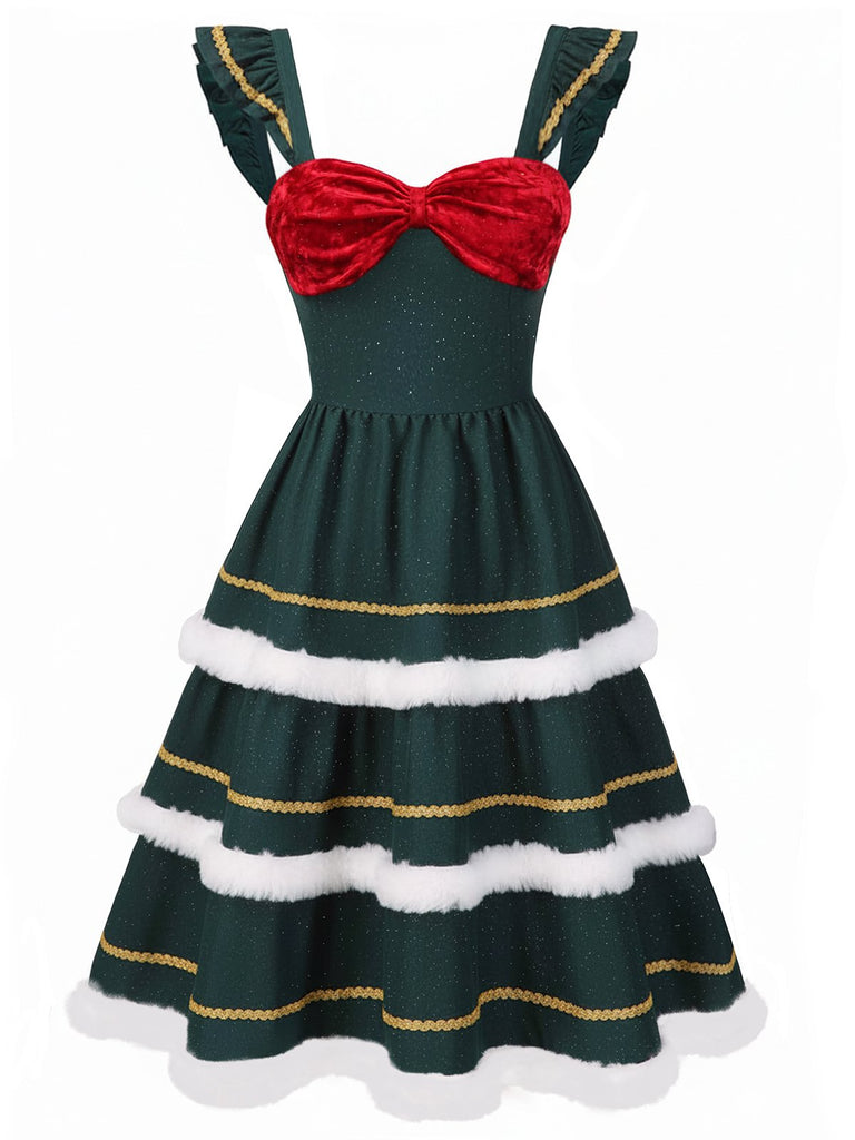 [Prévente] Robe verte nœud pailleté et bords effilochés années 1950