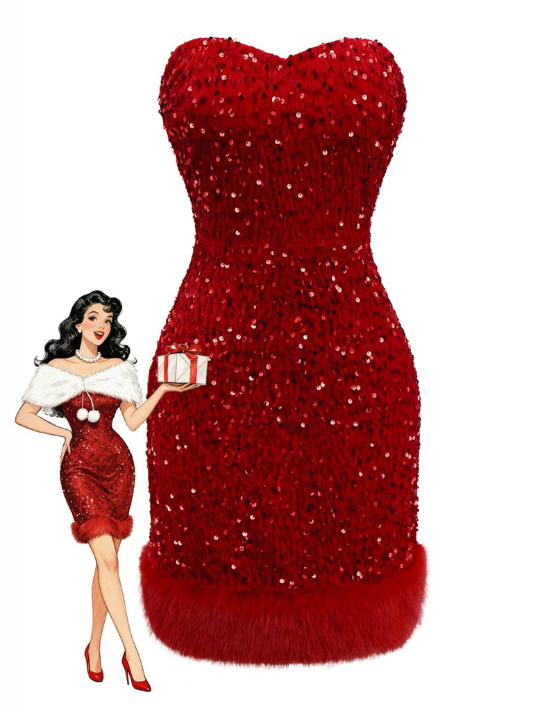 [Prévente] Robe bustier rouge en velours à paillettes et bordure en fausse fourrure années 70