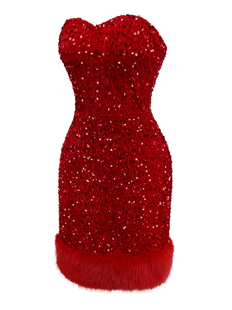 [Prévente] Robe bustier rouge en velours à paillettes et bordure en fausse fourrure années 70