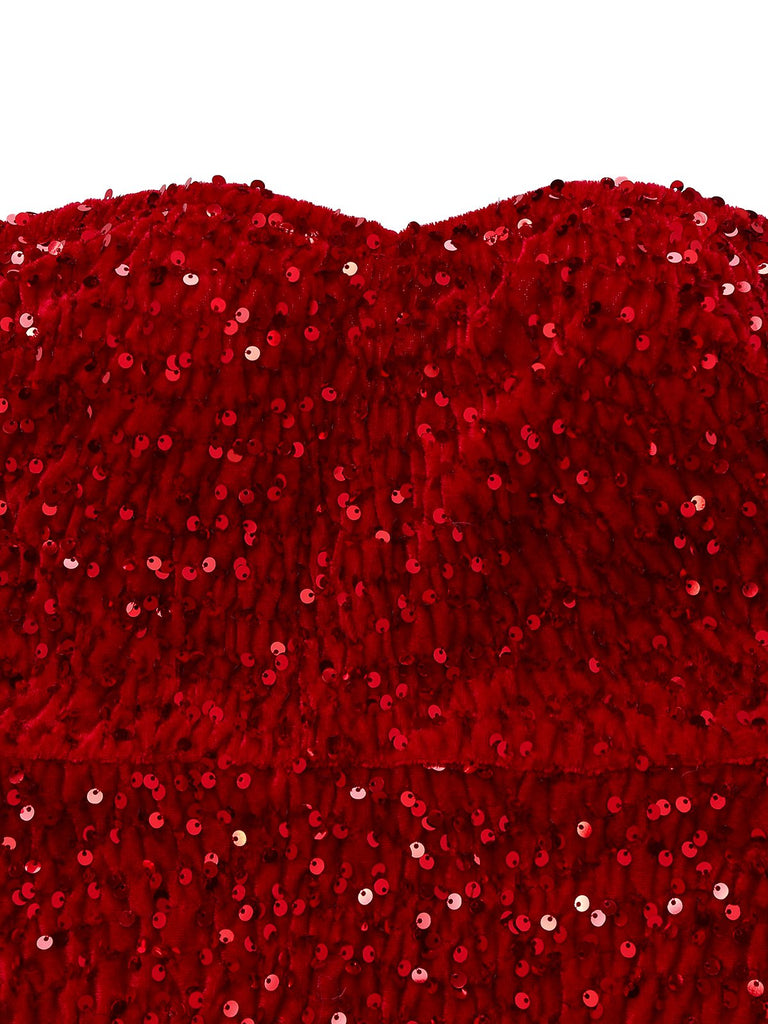 [Prévente] Robe bustier rouge en velours à paillettes et bordure en fausse fourrure années 70