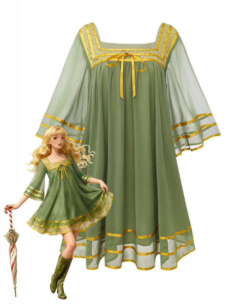 [Prévente] Robe verte et or transparente à manches cloche années 1970