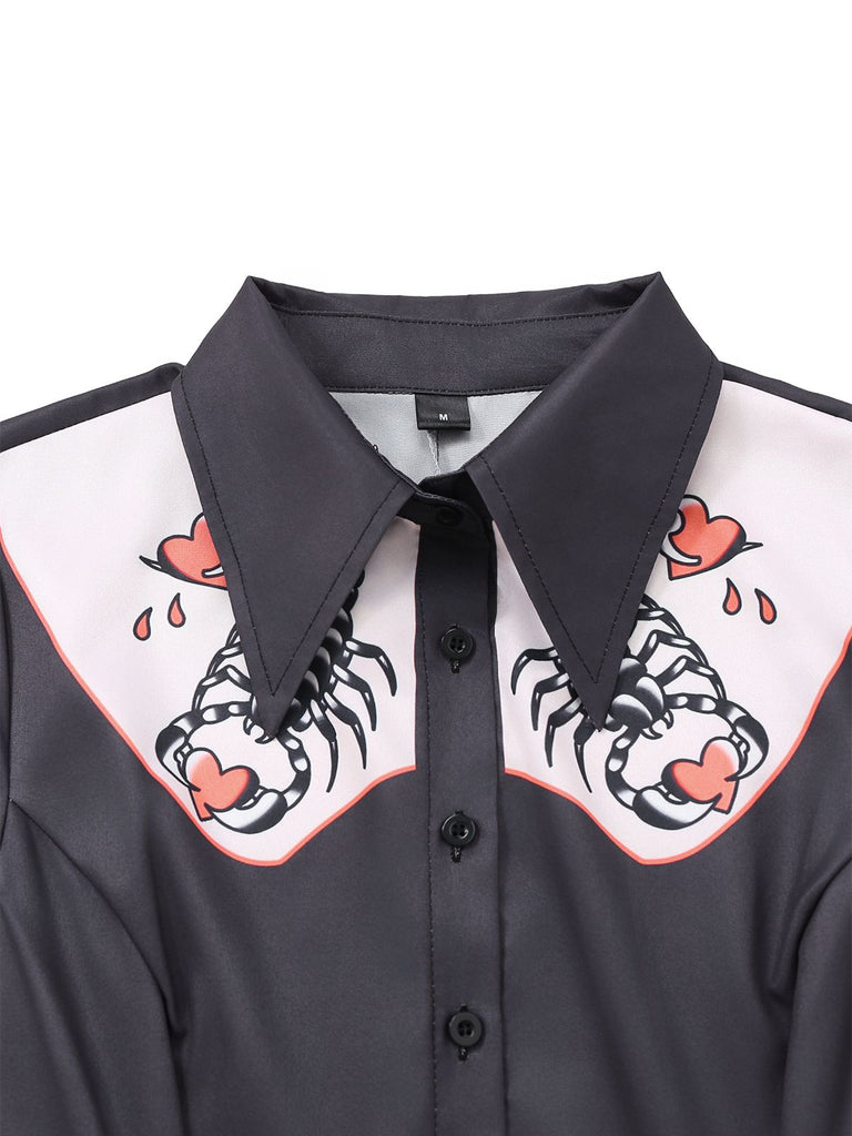 Robe chemise noire à imprimé cœurs de scorpion des années 1960