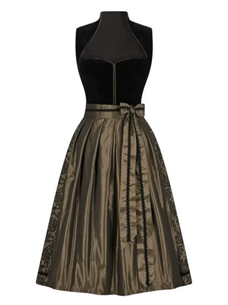 Robe marron en velours et tablier plissé en satin années 1950
