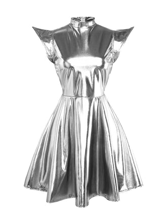 Robe mini argent de soirée futuriste métallisée années 1980