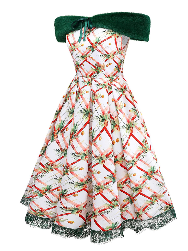 [Prévente] Robe verte à motif houx col en fourrure années 1950