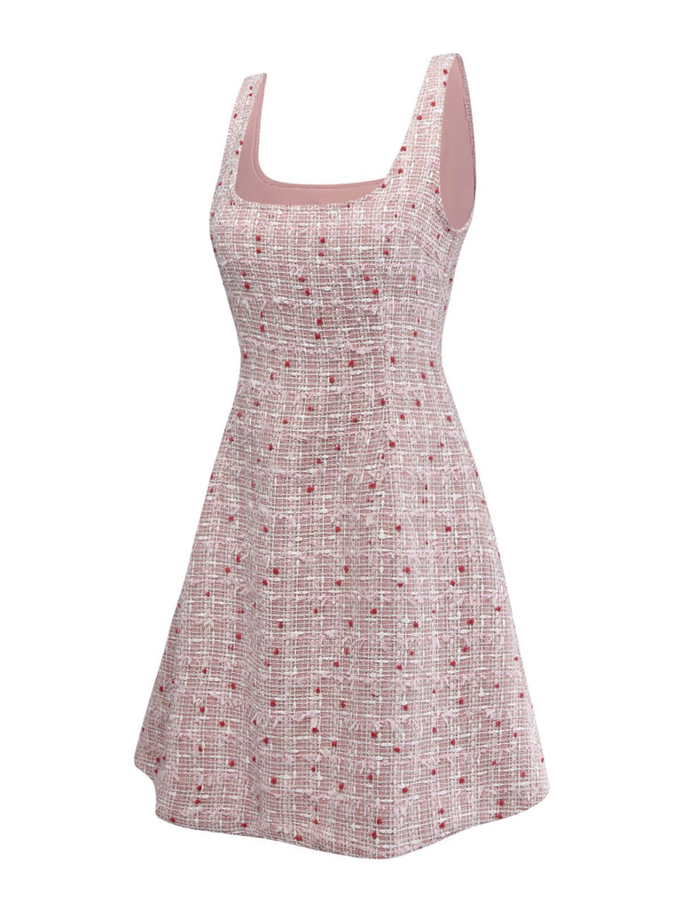 [Prévente] Robe rose chasuble courte en tweed à carreaux années 1960