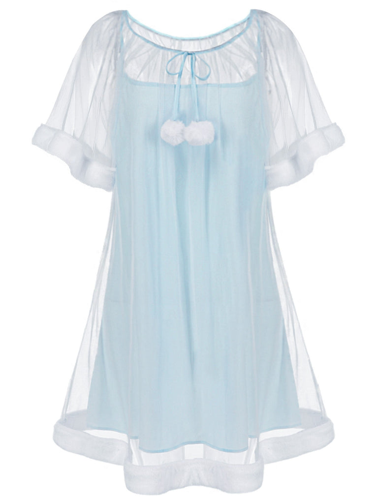[Prévente] Chemise de nuit bleue en tulle à volants et peluche années 40