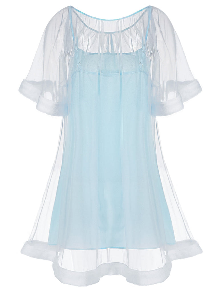 [Prévente] Chemise de nuit bleue en tulle à volants et peluche années 40
