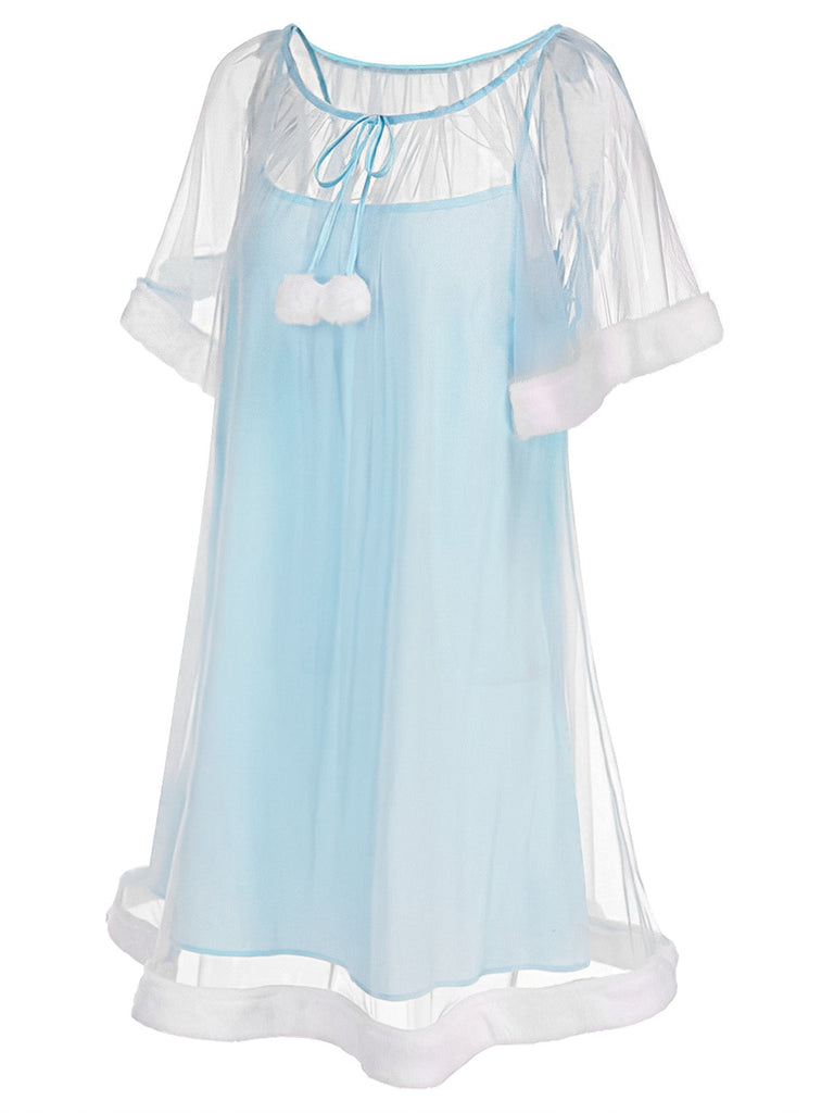 [Prévente] Chemise de nuit bleue en tulle à volants et peluche années 40