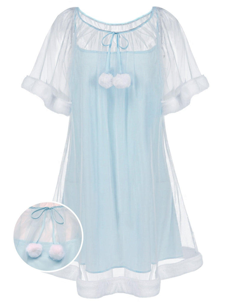 [Prévente] Chemise de nuit bleue en tulle à volants et peluche années 40