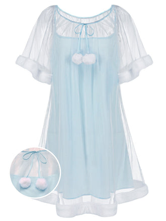 [Prévente] Chemise de nuit bleue en tulle à volants et peluche années 40