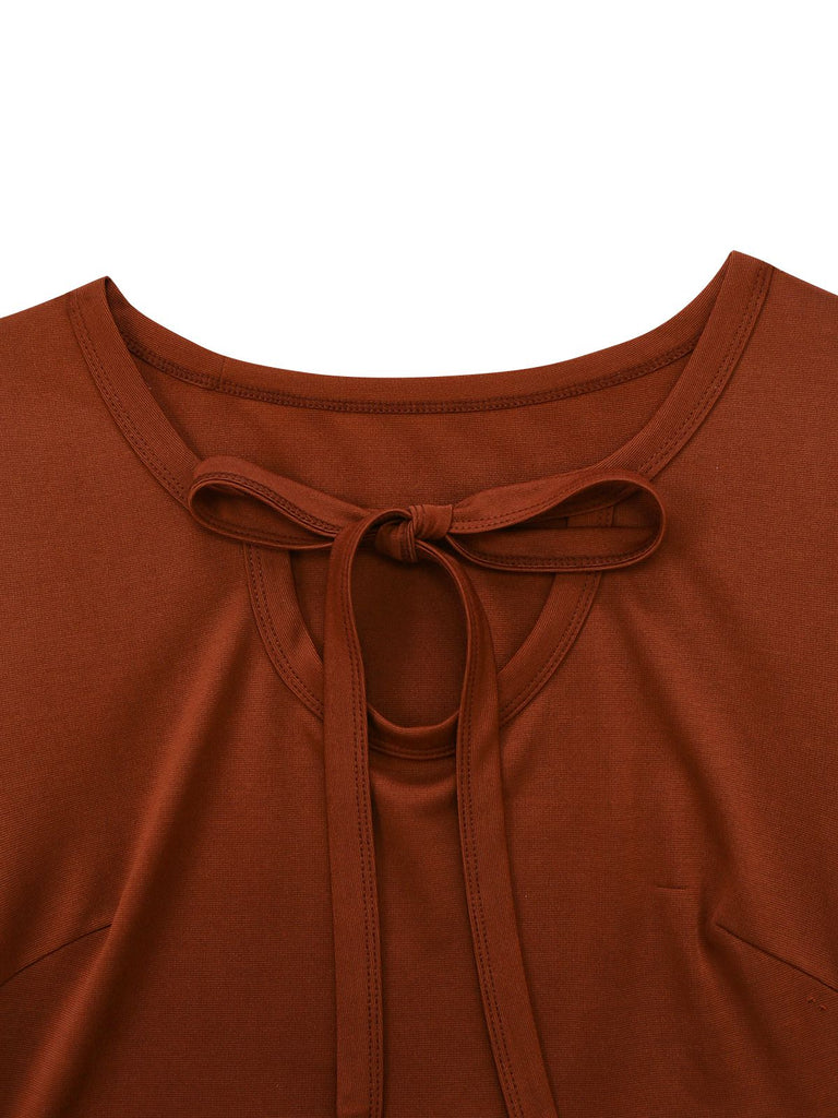 [Prévente] Robe marron à carreaux en maille à col noué années 1950