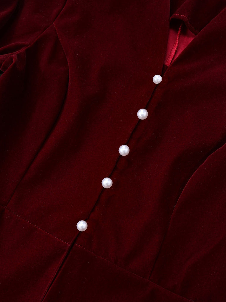 2PCS Veste en velours à col en V et jupe vin rouge années 1940