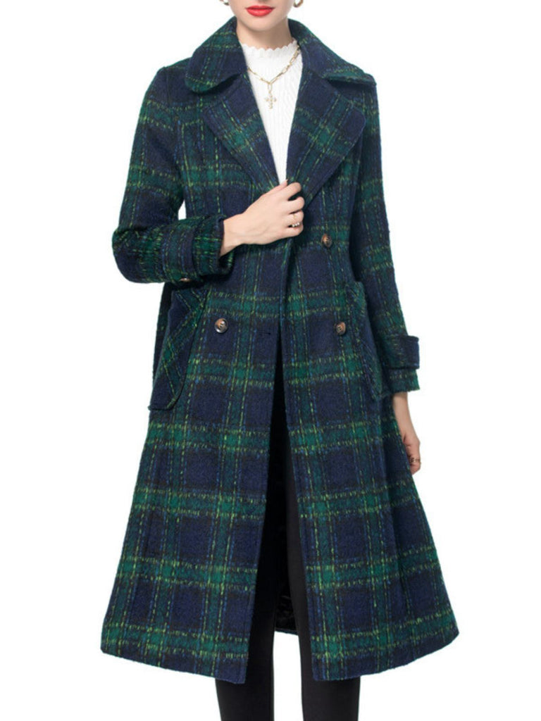 Manteau long vert à carreaux Blackwatch col cranté des années 1940
