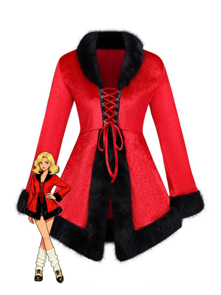 Veste de Noël en velours à lacets et bordure en fourrure rouge des années 1970
