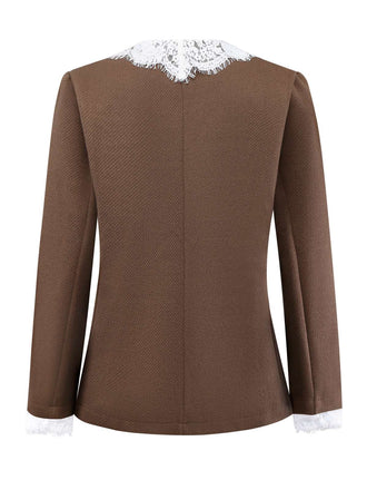 Veste marron patchwork de dentelle à manches longues nnées 1950