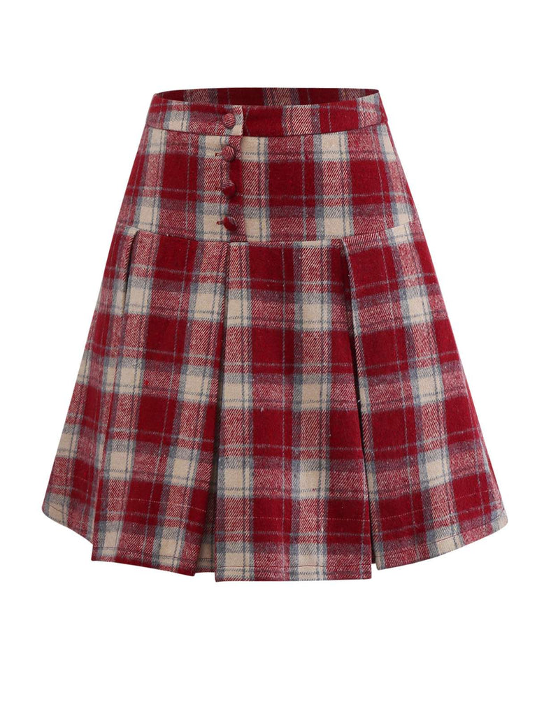 [Prévente] Jupe plissée rouge à carreaux en fausse laine années 60
