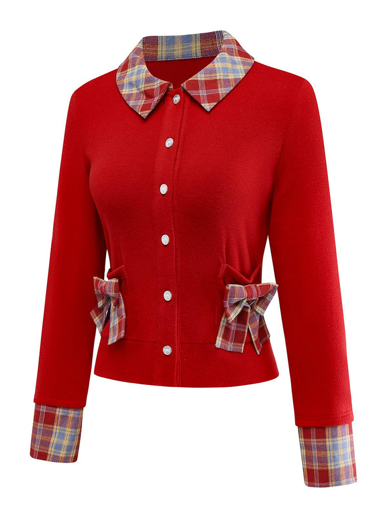 [Prévente] Cardigan tricoté à carreaux tartan rouge avec nœud papillon années 1970