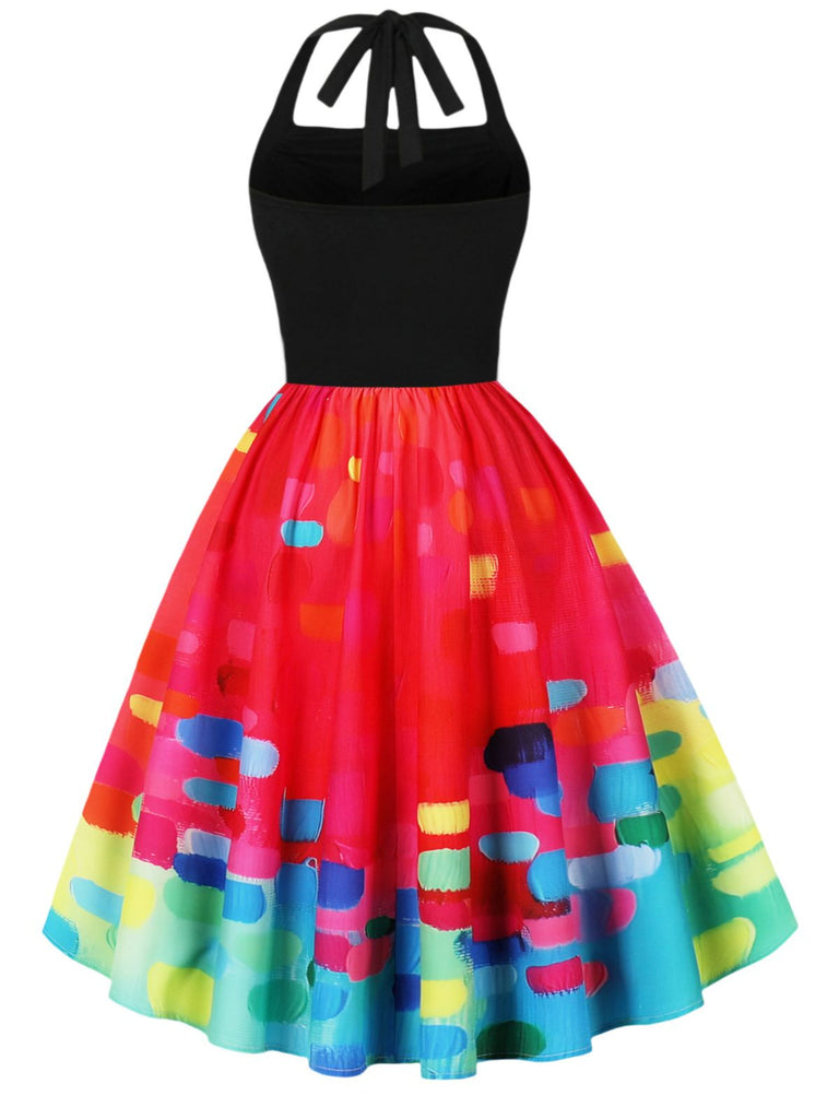 Robe à licou rouge à imprimés peintures psychédéliques années 1950