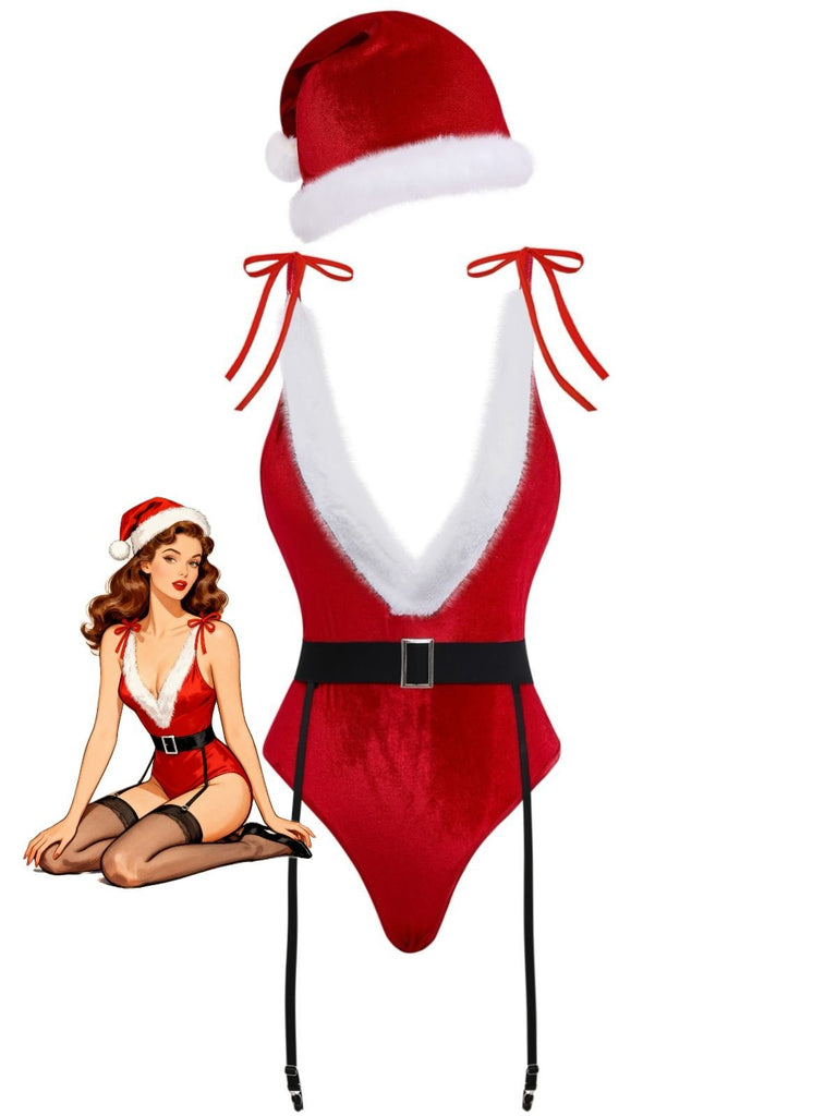 Body de Noël en peluche col en V profond des années 1970 avec chapeau