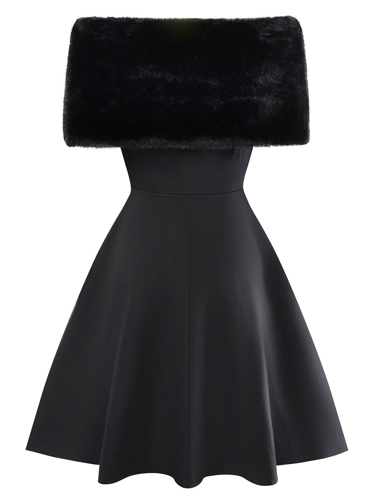 [Pré-vente] Robe noire à cape en peluche épaisse boutonnée des années 1950