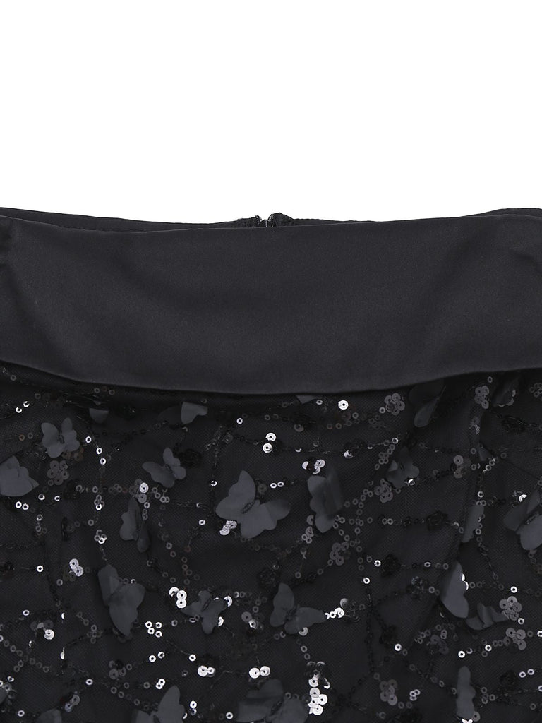 [Prévente] Robe midi noire à sequins roses en dentelle années 1970