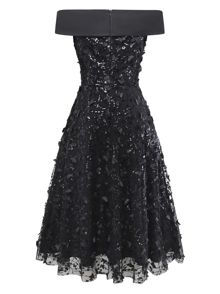 [Prévente] Robe midi noire à sequins roses en dentelle années 1970