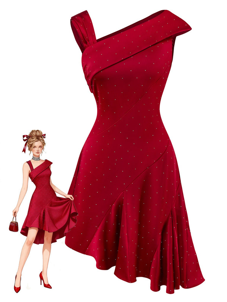 Robe bordeaux en satin et strass épaules dénudées années 1960