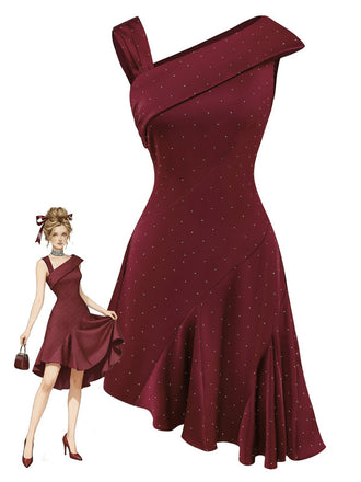 Robe bordeaux en satin et strass épaules dénudées années 1960
