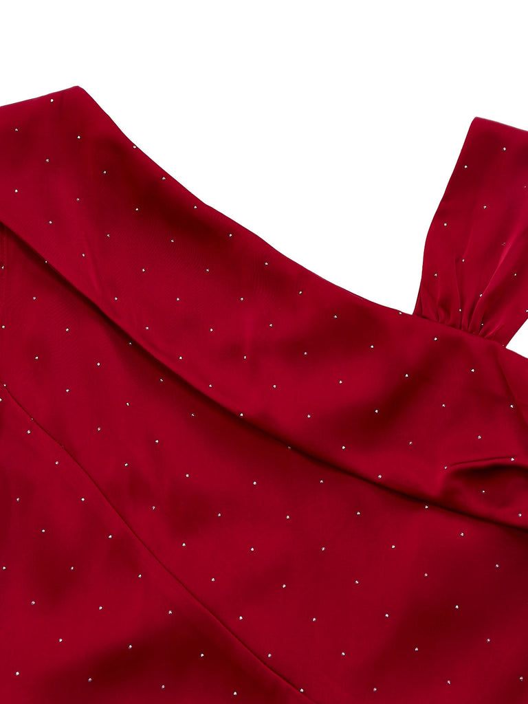 [Prévente] Robe bordeaux en satin et strass épaules dénudées années 1960