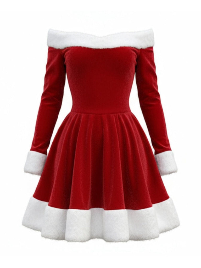 Robe rouge à épaules dénudées en velours de Noël des années 1960
