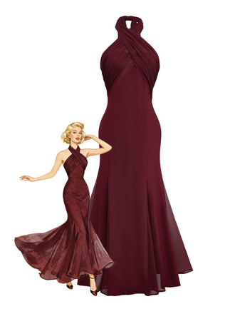 Robe convertible à col licou croisée en mousseline de soie années 1930