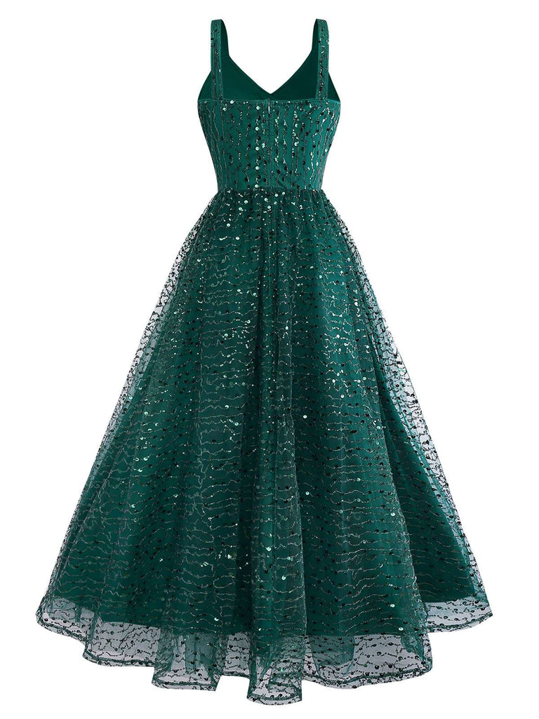Robe verte en maille à paillette torsadés des années 1930